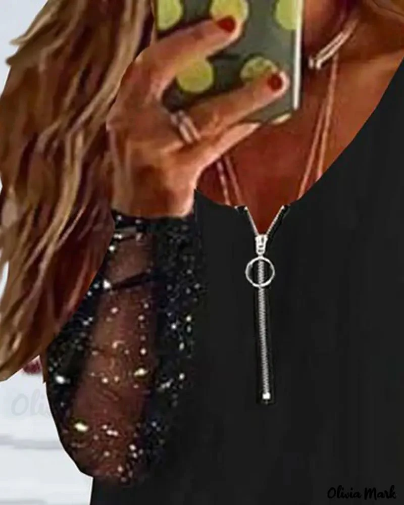 Deanwangkt - Glitter Contrast Mesh Long Sleeve Top - Deanwangkt