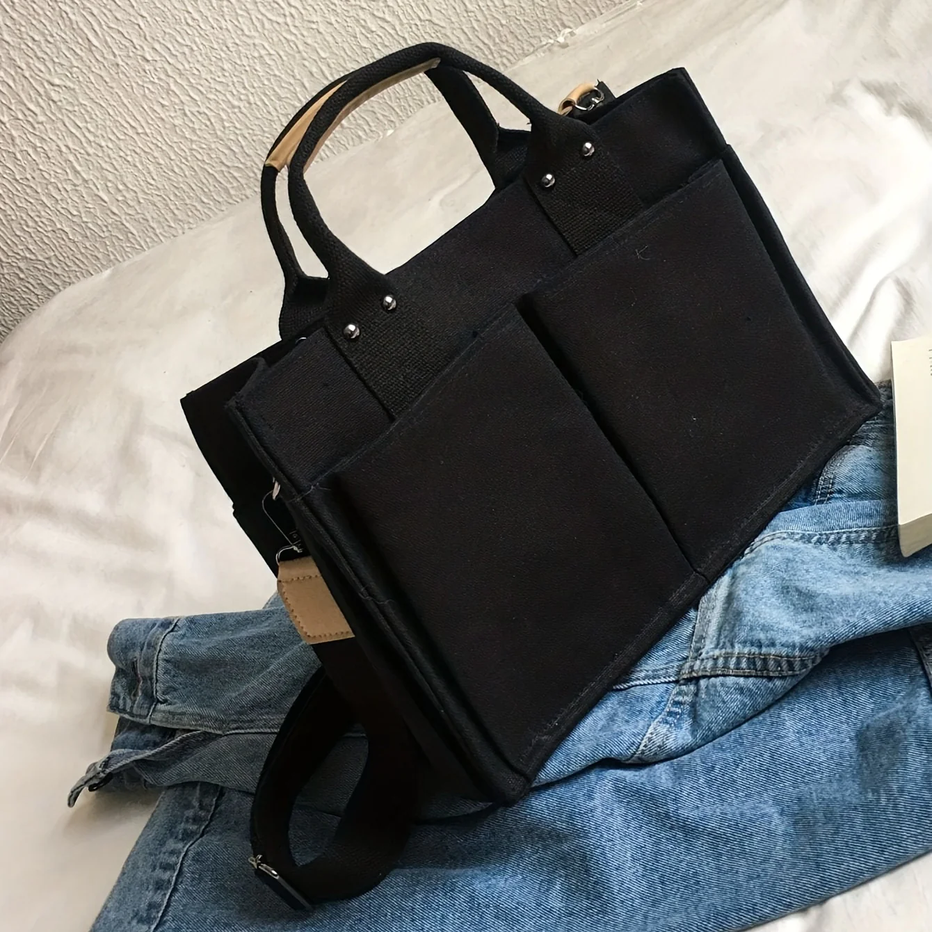 deanwangkt  Simple Canvas Tote Bag, Wide Strap Crossbody Bag, Multi Pockets Handbag For Travel - Deanwangkt