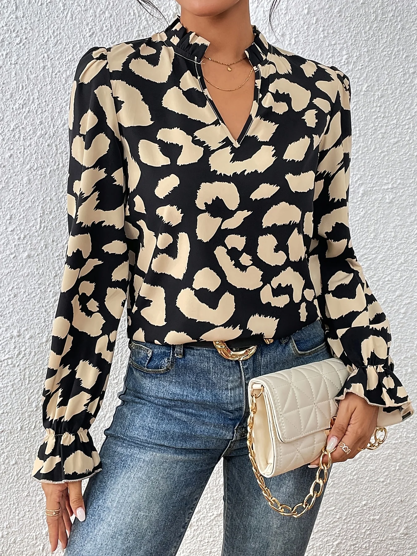 Allover Print Notched Neck Blouse, Casual Flounce Sleeve Blouse For Spring & Fall, Women's Clothing - Deanwangkt