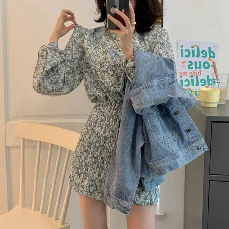 Christmas Gift  New Deanwangkt Women Summer Autunm Dresses Floral Printed Vintage High Waist Korean Package Hip Lady Mini Dresses DR21107 - Deanwangkt