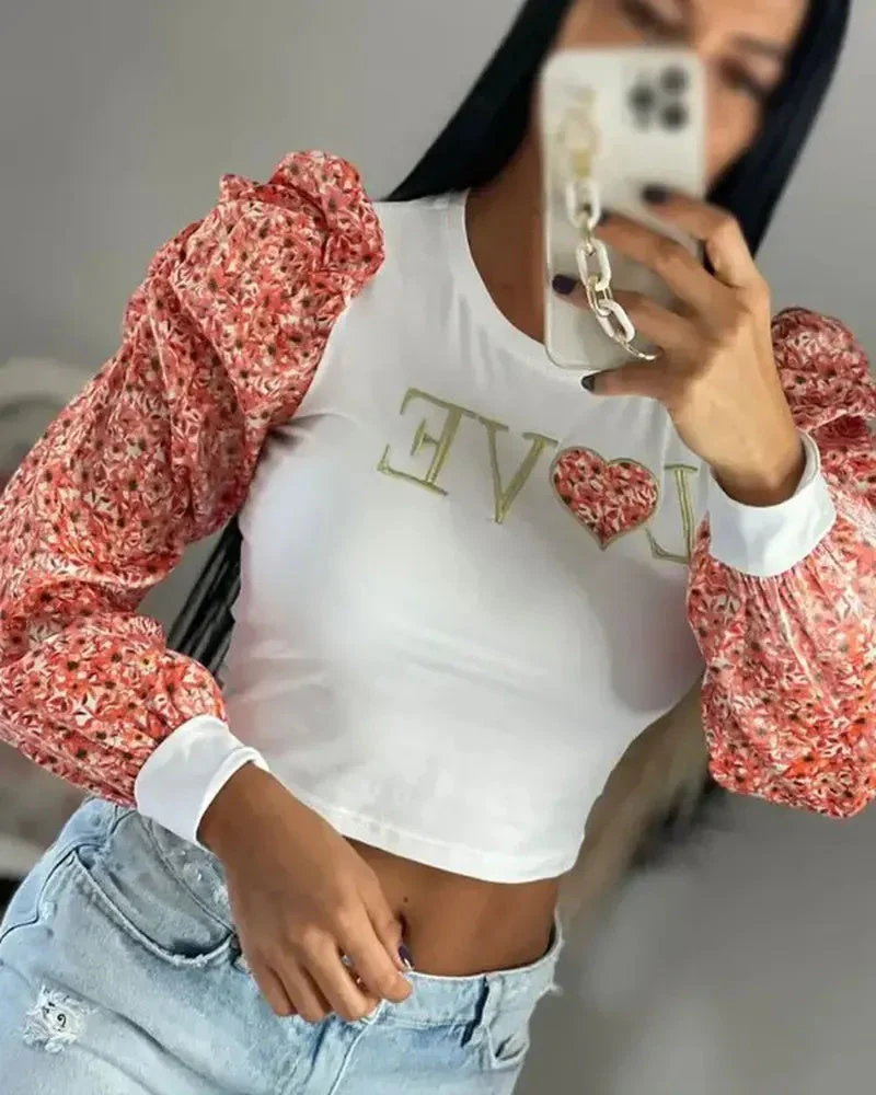 Deanwangkt - Floral Print Letter Embroidery Puff Sleeve Crop Top - Deanwangkt