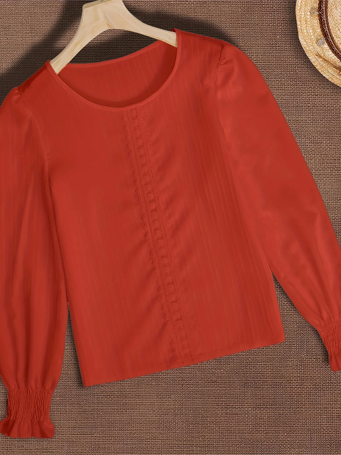 Contrast Lace Solid Blouse, Elegant Crew Neck Lantern Sleeve Blouse, Women's Clothing - Deanwangkt