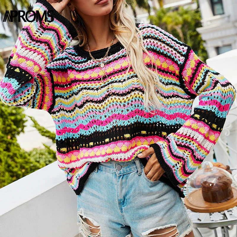 Christmas Gift Aproms Multi Color Blocked Knitted Pullover Women Summer Casual Flare Sleeve Hollow Out Sweater Cool Girls Fashion Jumper Deanwangkt - Deanwangkt