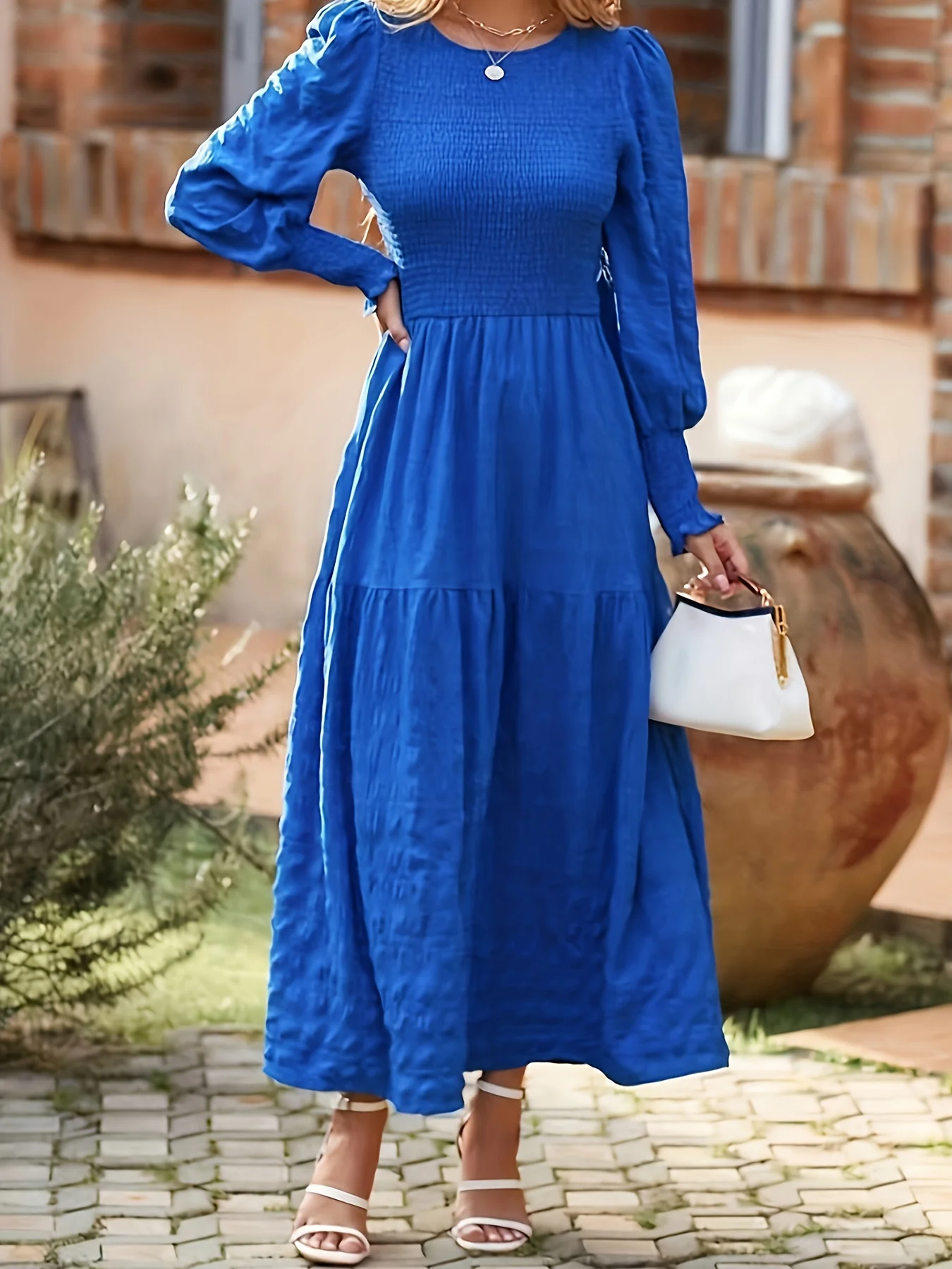 deanwangkt-1  Textured Shirred Dress, Elegant Long Sleeve Tiered Dress, Women's Clothing - Deanwangkt