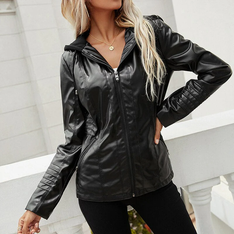 Black Friday Sales Spring Autumn Women Hooded Faux Soft Pu Leather Jacket Streetwear Female Moto Biker Zipper Coat Lady Windproof Outwear - Deanwangkt