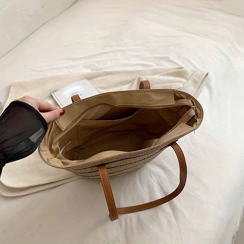 deanwangkt-1  Striped Pattern Straw Bag, Vacation Style Tote Bag, Boho Style Shoulder Bag For Travel Beach - Deanwangkt