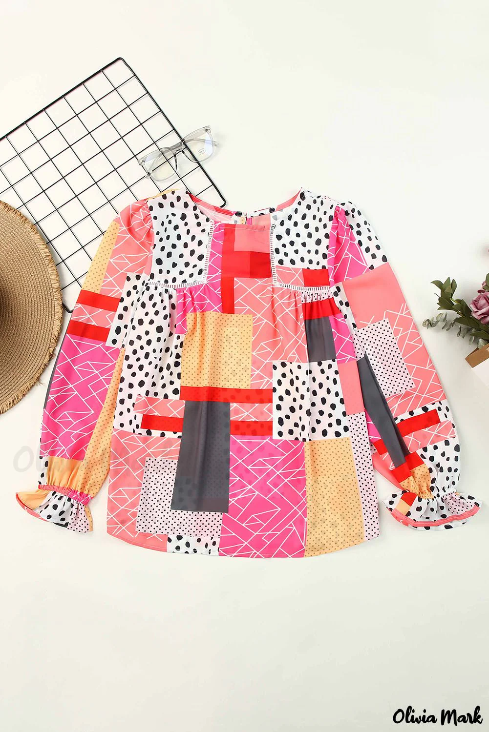 Deanwangkt - Multicolor Polka Dot Geometric Patchwork Long Sleeve Blouse - Deanwangkt