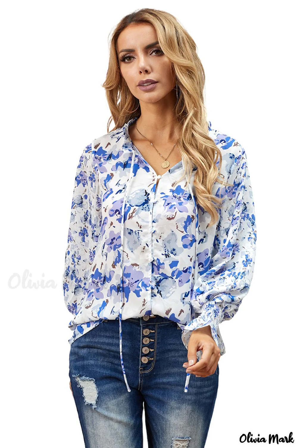 Deanwangkt - Blue Floral Smocked Blouse Cakewalk - Deanwangkt