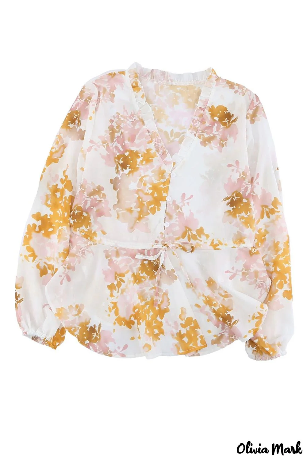 Deanwangkt - Floral V-Neck Ruffle Tie Waist Puff Sleeve Blouse - Deanwangkt