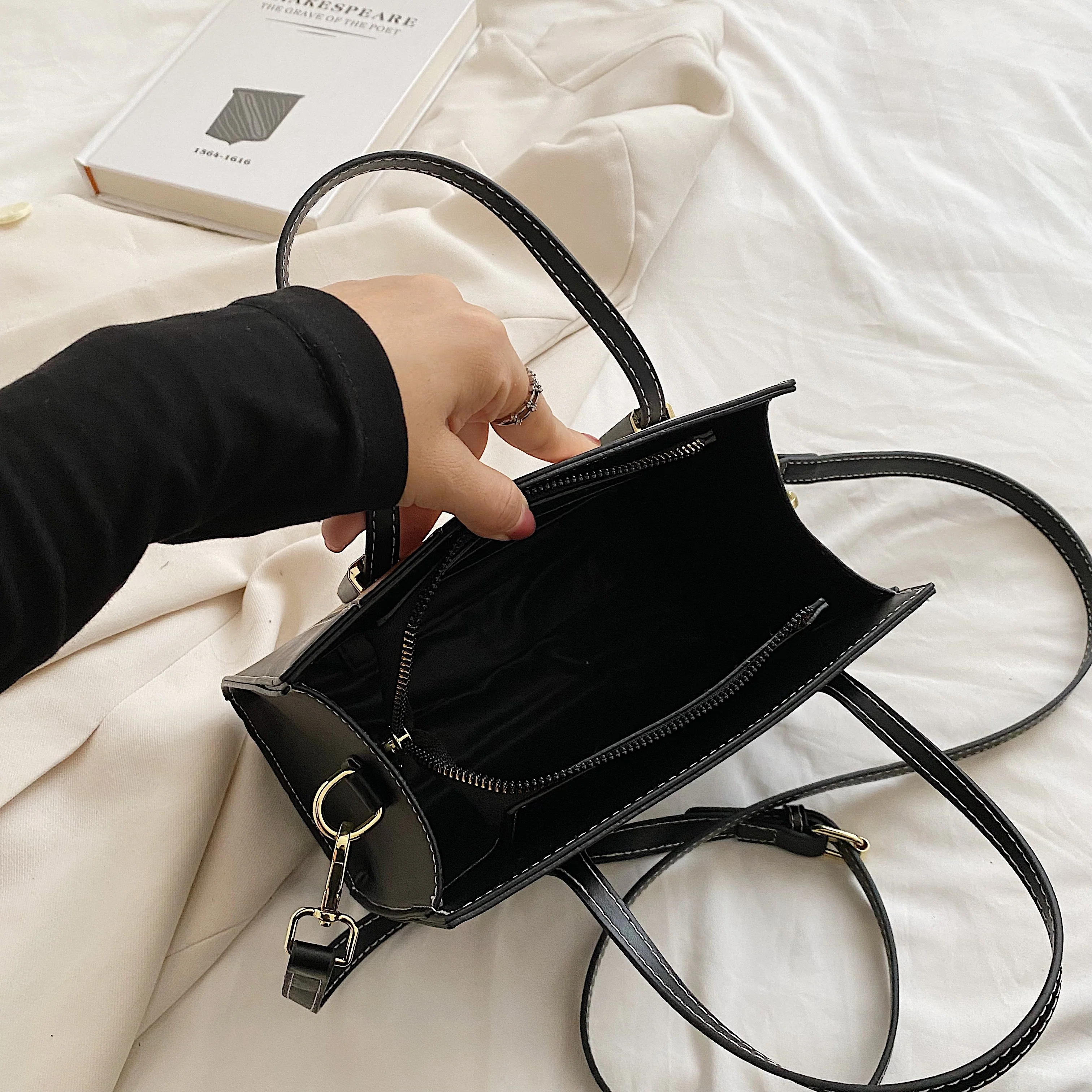 Color Contrast Top Handle Purse, Women's Classic Shoulder Bag, All-Match PU Leather Satchel Bag - Deanwangkt