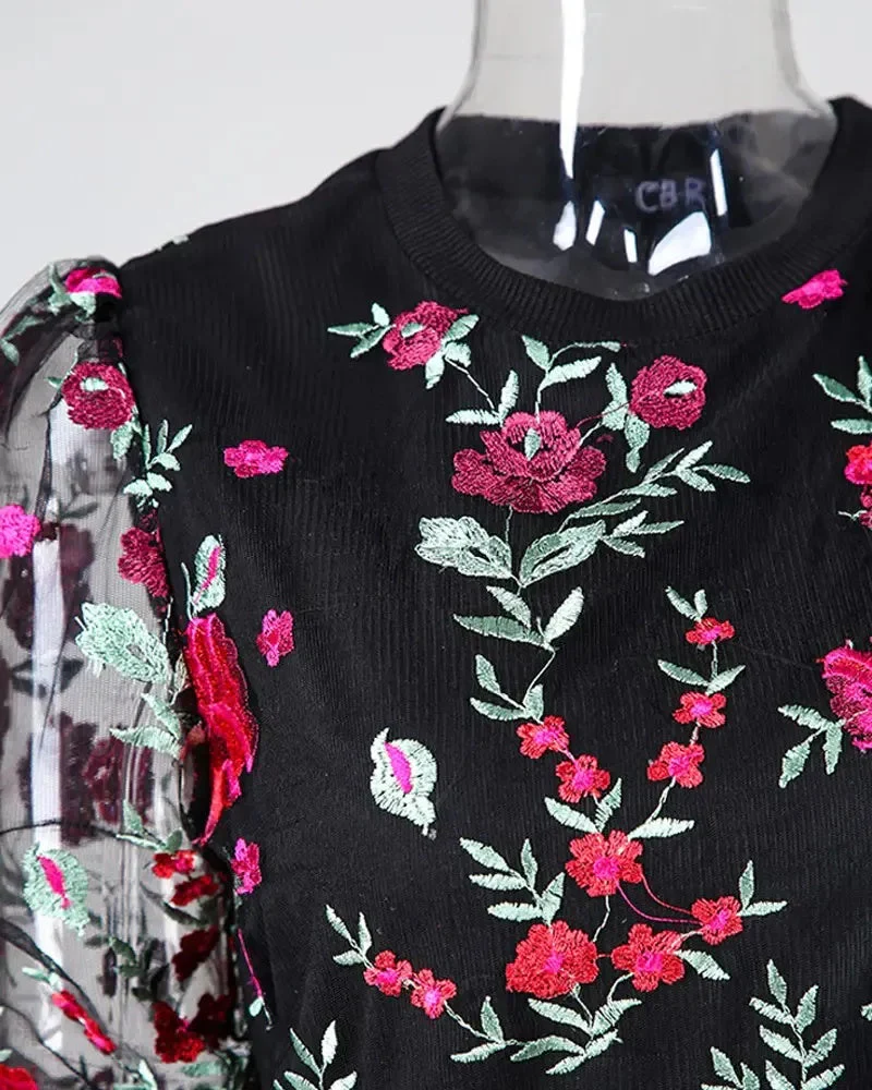 Deanwangkt - Floral Embroidered Sheer Tulle Puff Sleeve Top - Deanwangkt