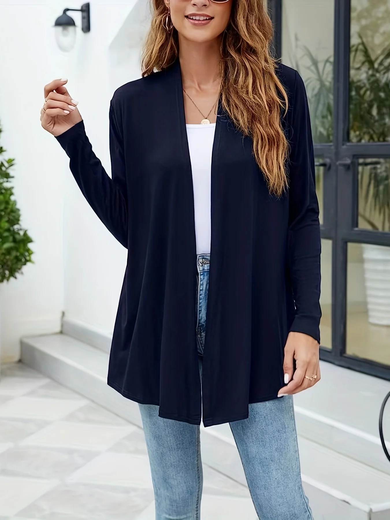 deanwangkt-1 Solid Open Front Cardigan, Casual Long Sleeve Cardigan For Spring & Fall, Women's Clothing - Deanwangkt