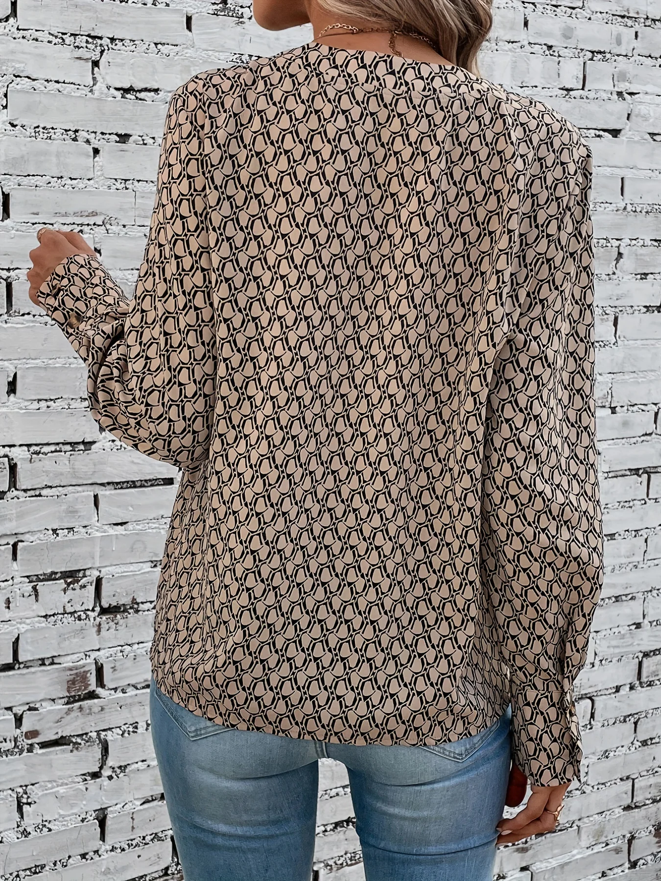 Allover Print Notched Neck Blouse, Casual Long Sleeve Blouse For Spring & Fall, Women's Clothing - Deanwangkt