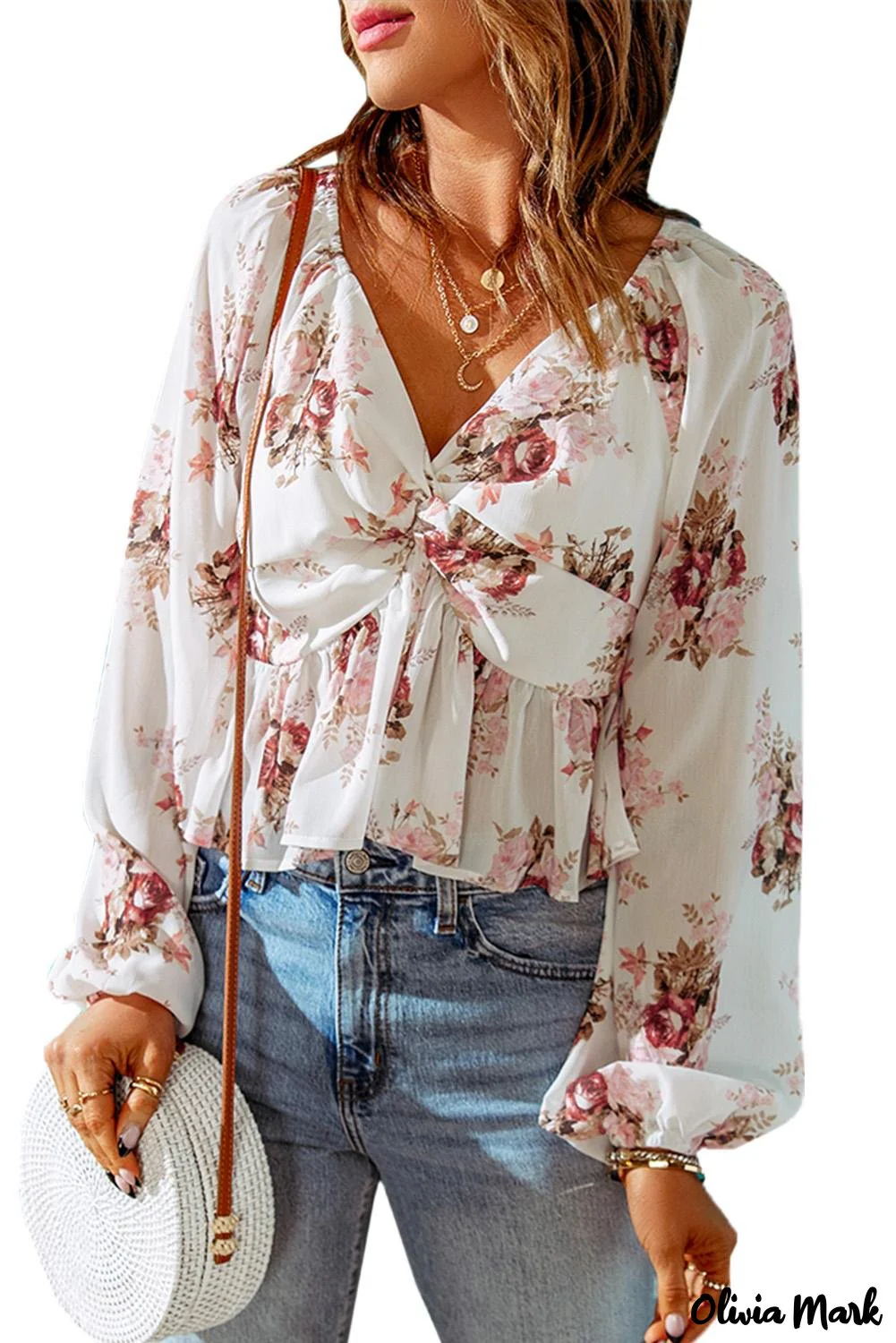 Deanwangkt - Beige Floral V-Neck Balloon Sleeve Twist Front Blouse - Deanwangkt
