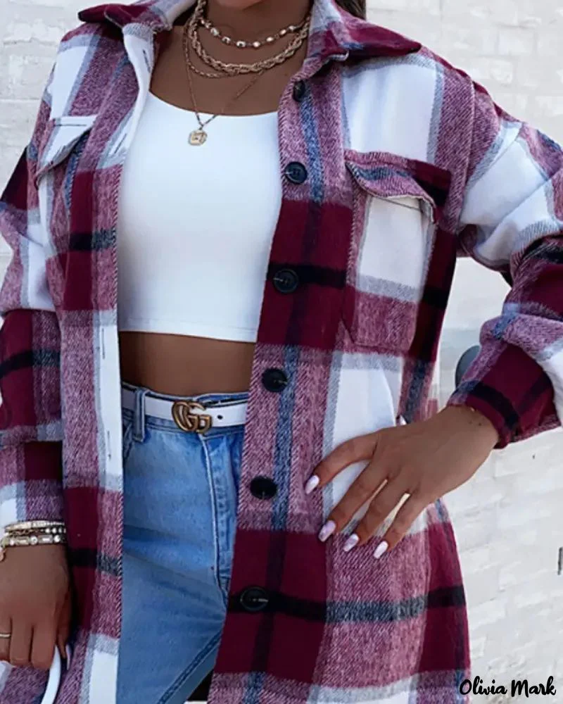 Deanwangkt - Plaid Print Pocket Button Pattern Long Sleeve Jacket - Deanwangkt