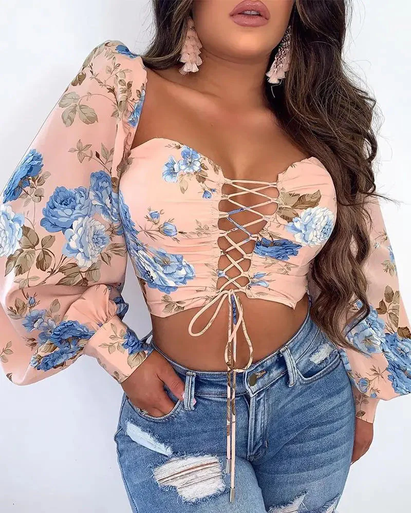Deanwangkt - Floral Print Drawstring Lace Up Crop Top - Deanwangkt