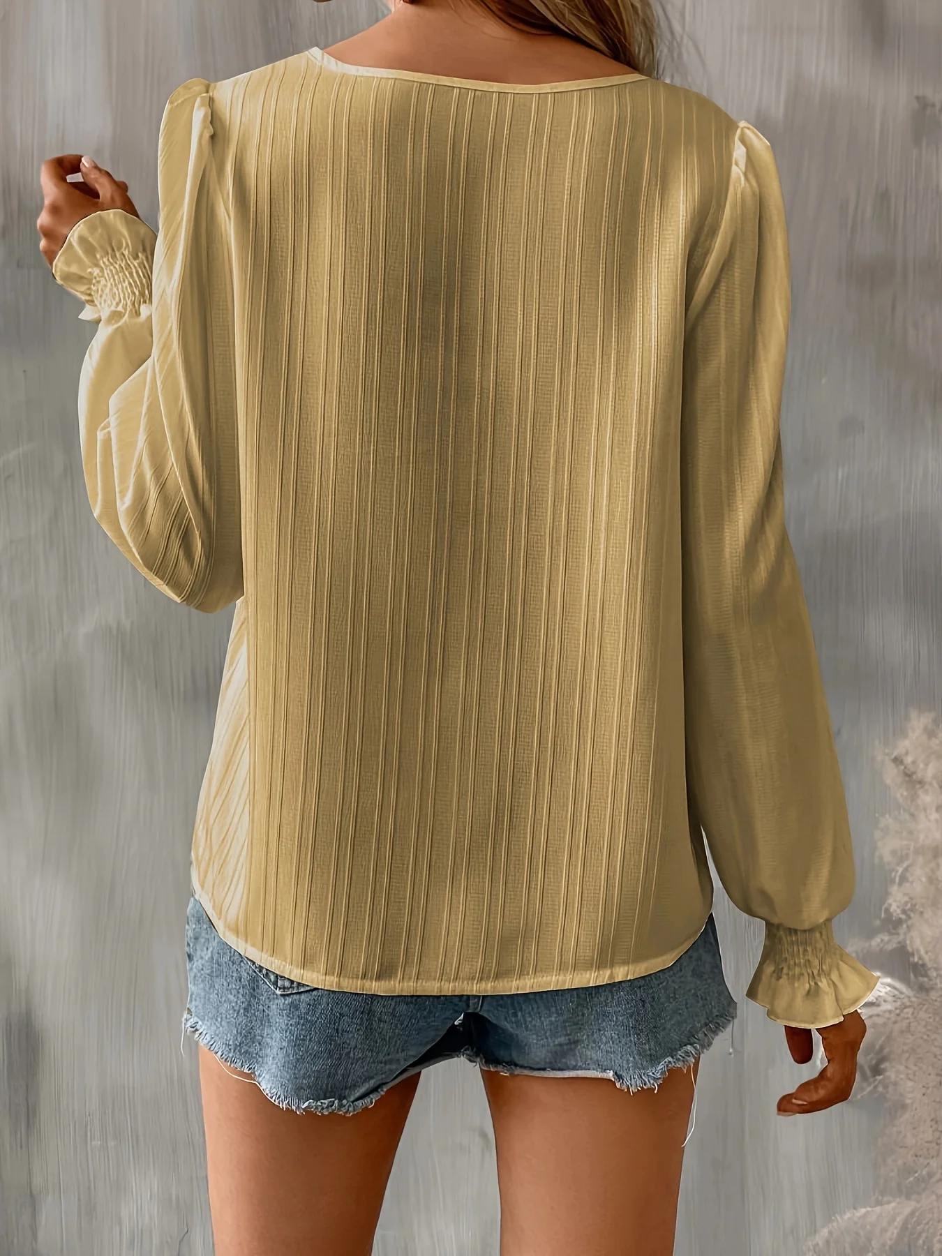 Contrast Lace Solid Blouse, Elegant Crew Neck Lantern Sleeve Blouse, Women's Clothing - Deanwangkt