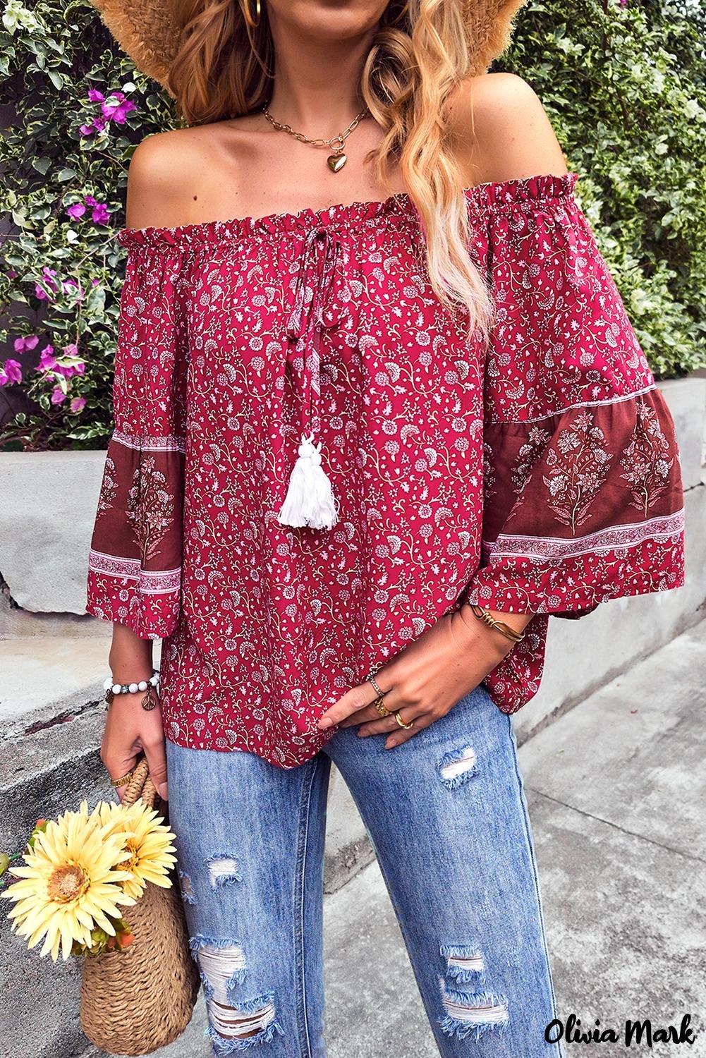 Deanwangkt - Red Boho Off Shoulder Floral Print Blouse - Deanwangkt