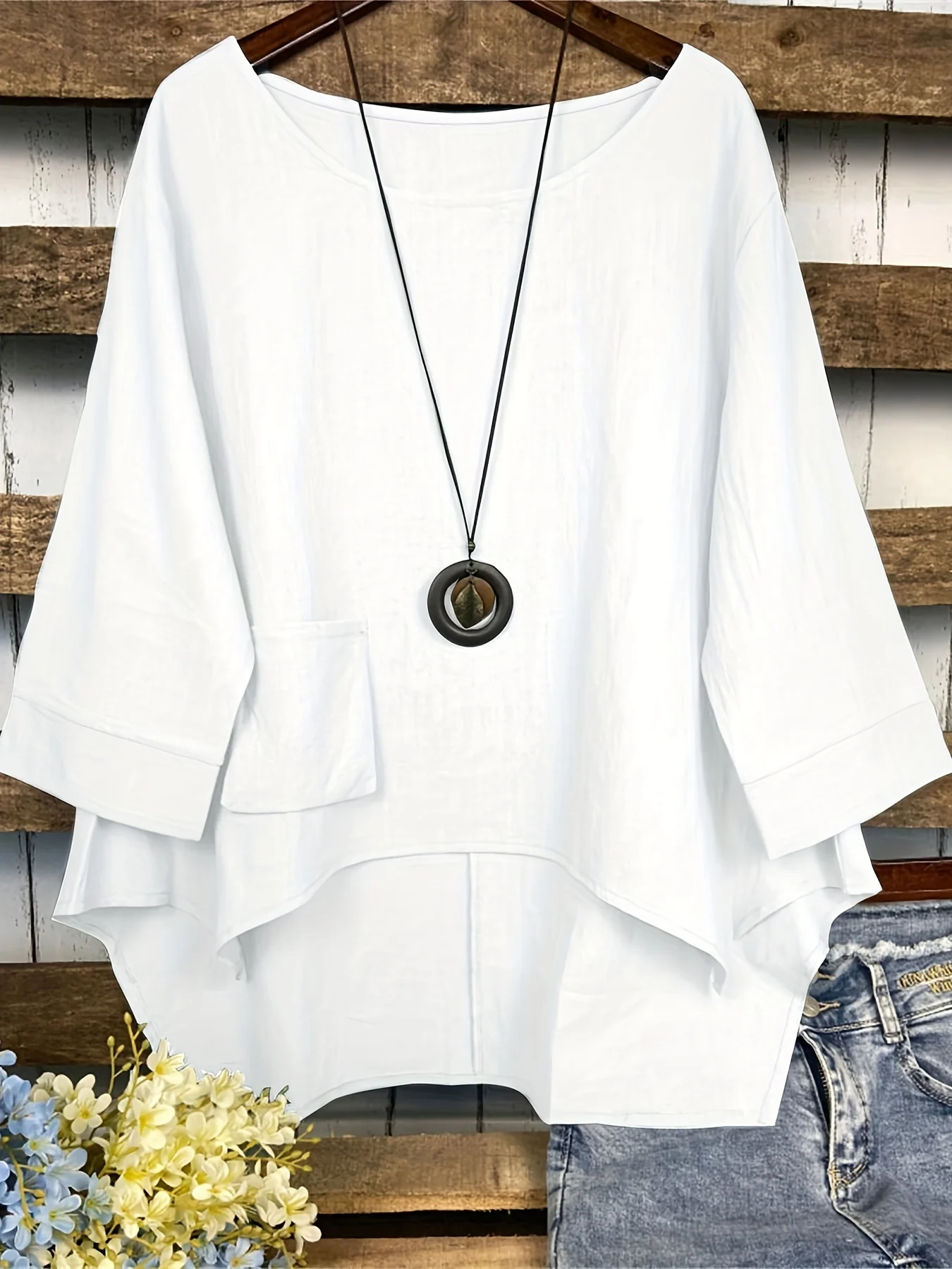 Dipped Hem Solid Blouse, Asymmetrical Crew Neck Loose Casual Blouse, Women's Clothing - Deanwangkt