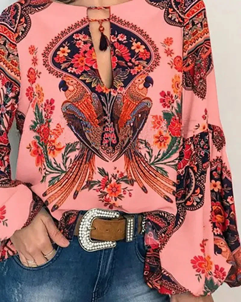 Deanwangkt - Bird floral-print crew-neck lantern-sleeve top - Deanwangkt