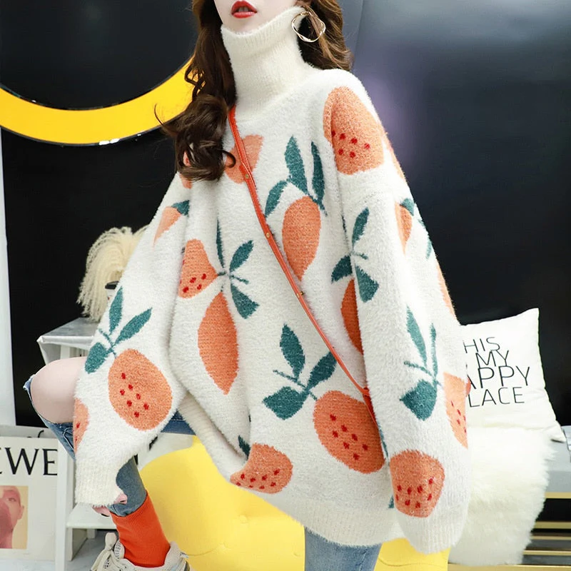Black Friday Sales Knit Plush Sweater Women Loose Turtleneck Female Pullovers Cute Fruit Printed Woman Sweater Winter Soft Sweet Thick Pullovers - Deanwangkt
