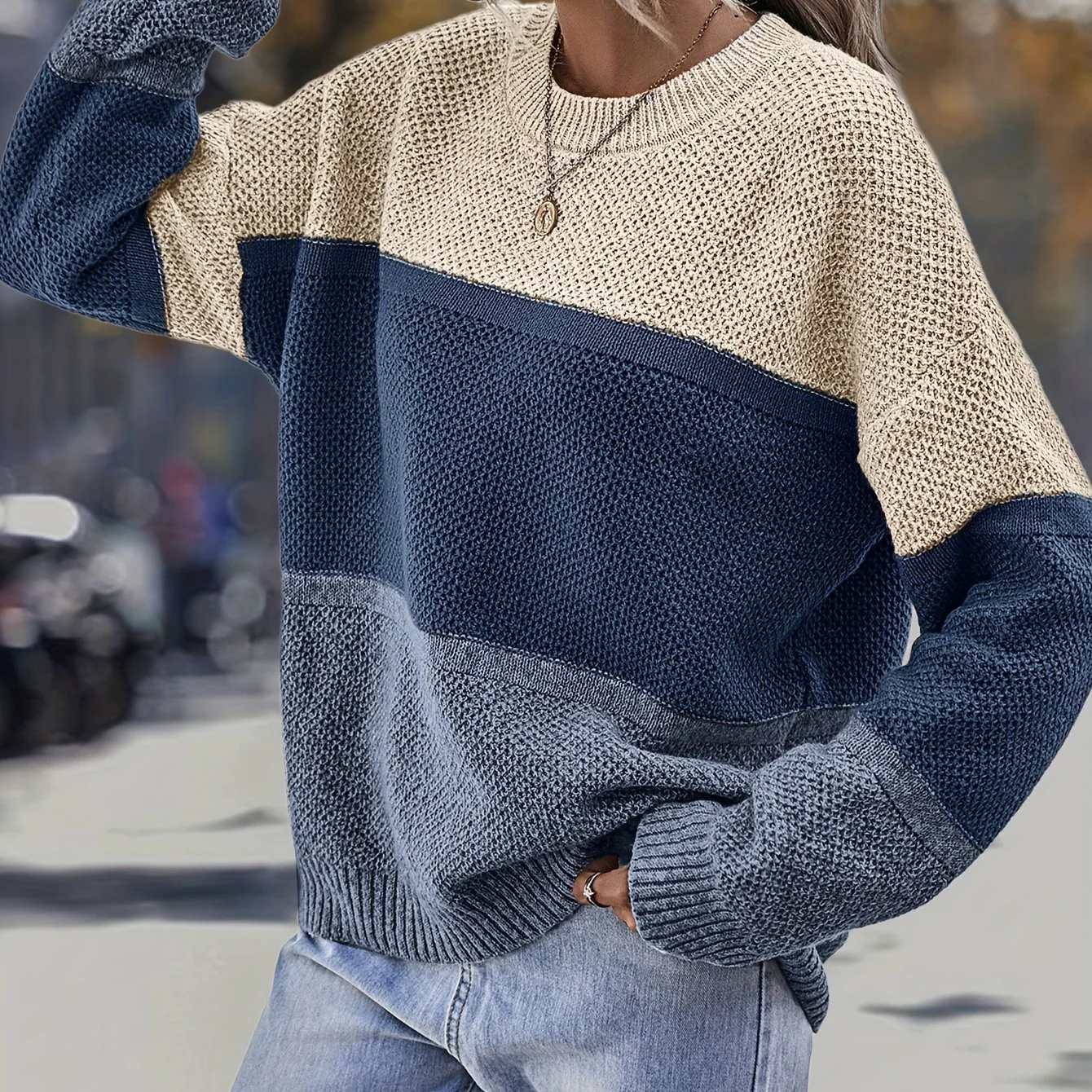 deanwangk Color Block Crew Neck Sweater, Casual Long Sleeve Sweater For Fall & Winter, Women's Clothing - Deanwangkt