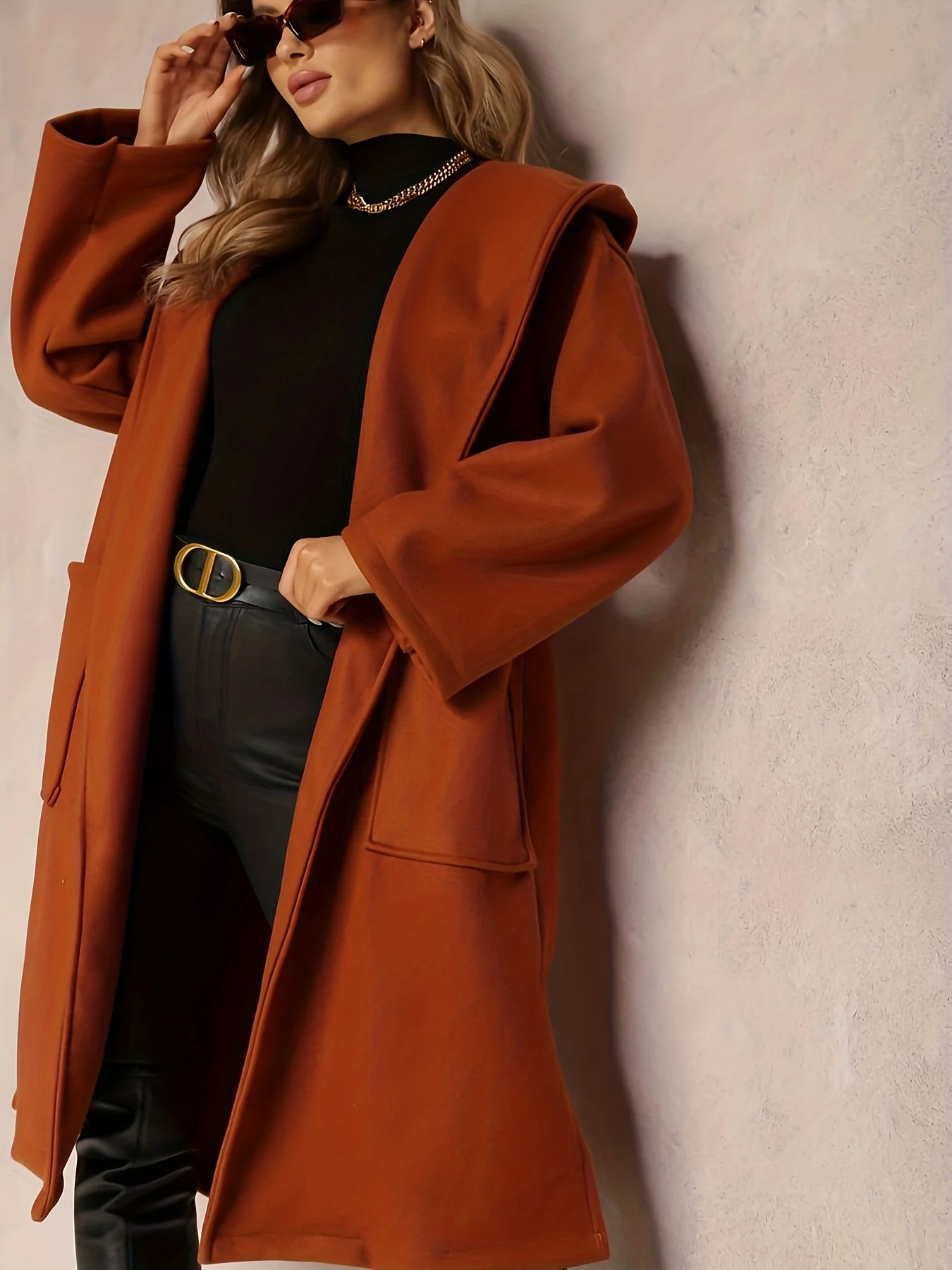 deanwangkt-1  Plus Size Casual Coat, Women's Plus Solid Long Sleeve Open Front Hooded Side Split Hooded Longline Woolen Coat With Belt - Deanwangkt