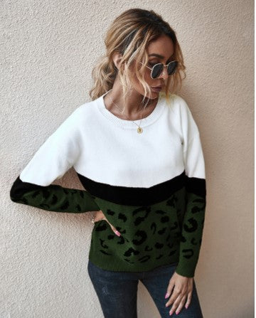 Christmas Gift Deanwangkt Fashion Leopard Patchwork Autumn Winter Ladies Knitted Sweater Women O-neck Full Sleeve Jumper Pullovers Top - Deanwangkt