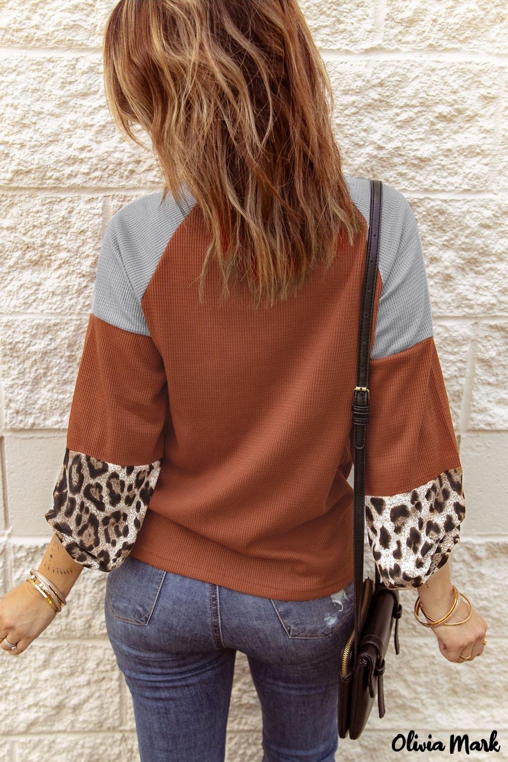 Deanwangkt - Black Waffle Knit Leopard Long Sleeve Twist Knot Blouse - Deanwangkt