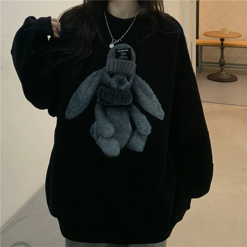 Black Friday Sales Harajuku Street Winter Sweatshirt Woman Kawaii Rabbit Pattern Warm Loose Pullover Stylish Casual Hip Hop Hoodie Streetwear - Deanwangkt