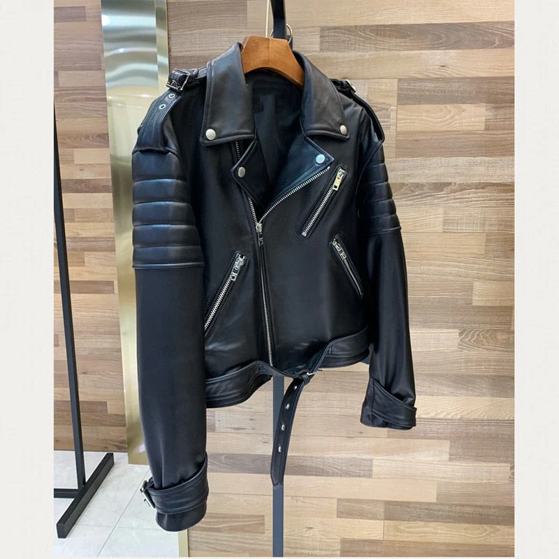 Black Friday Sales Natural Leather Women Lambskin Leather Jacket Long Sleeves 100% Sheepskin Leather Coat - Deanwangkt