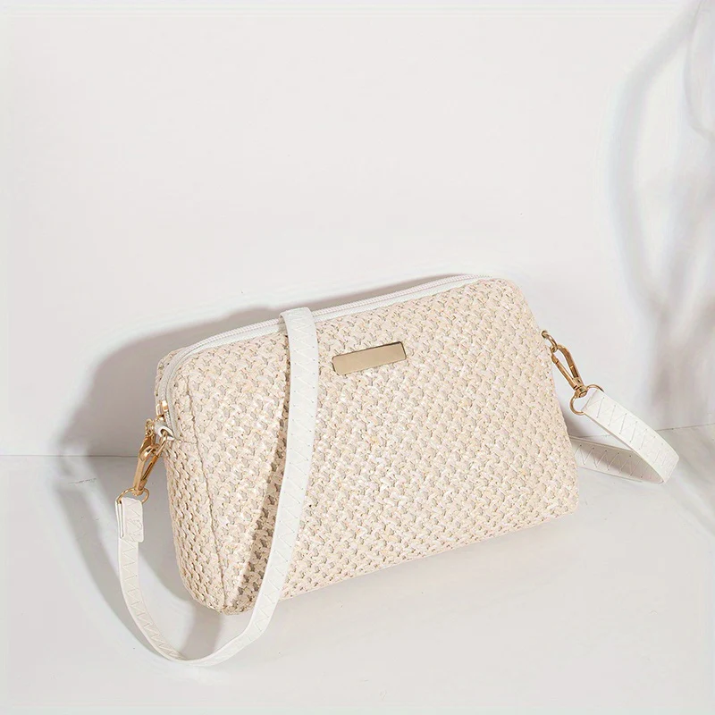 Woven Elegant Crossbody Bag, Zipper Holiday Vacation Beach Bag With Adjustable Strap - Deanwangkt