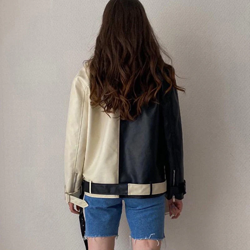Black Friday Sales New Autumn Women Lapel Black Beige Splicing Pu Leather Jacket With Belt Moto Bike Soft Faux Leather Coat Loose Outwear - Deanwangkt