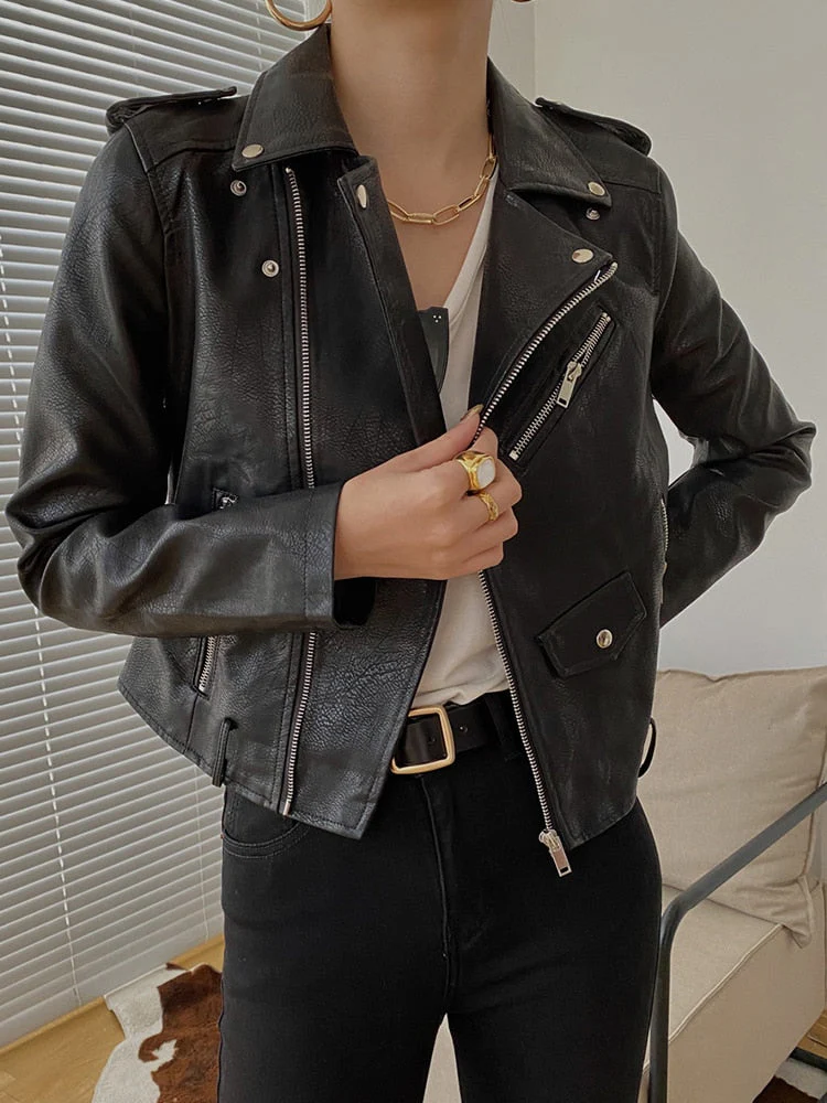 Black Friday Sales New Spring Autumn Women Moto Biker Pu Faux Leather Short Jacket With Belt Streetwear Female Zipper Classic Coat Outwear - Deanwangkt