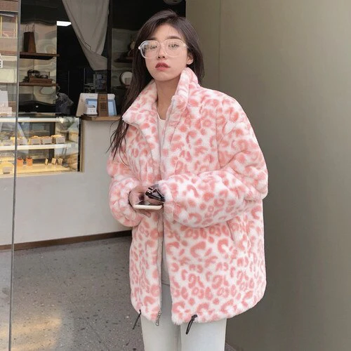 Christmas Gift Deanwangkt new winter Korean zipper top lamb leopard plush short coat imitation Rex Rabbit Fur grass fur coat female - Deanwangkt