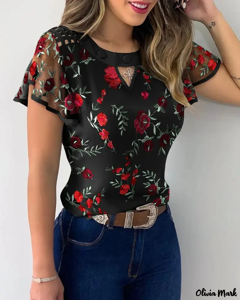 Deanwangkt - Casual blouse with flutter sleeves in sheer mesh with floral embroidery - Deanwangkt