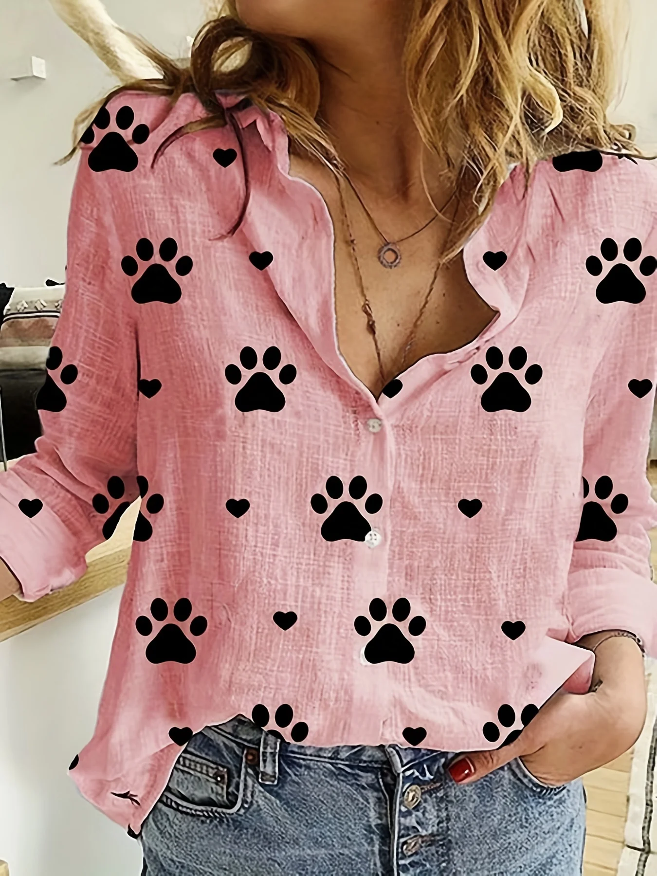 Paw Print Button Front Shirt, Casual Long Sleeve Shirt For Spring & Fall, Women's Clothing - Deanwangkt