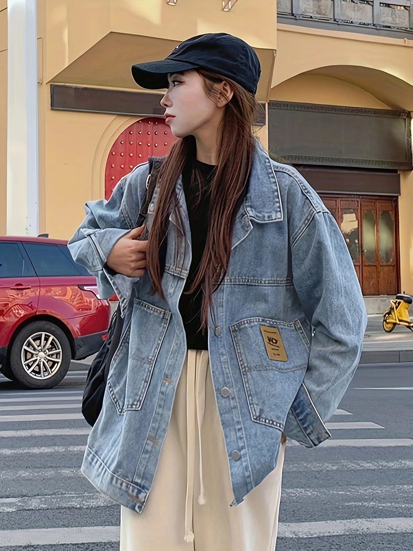 Blue Loose Fit Lapel Denim Coat, Long Sleeves Single Breasted Button Denim Jacket, Women's Denim Clothing - Deanwangkt