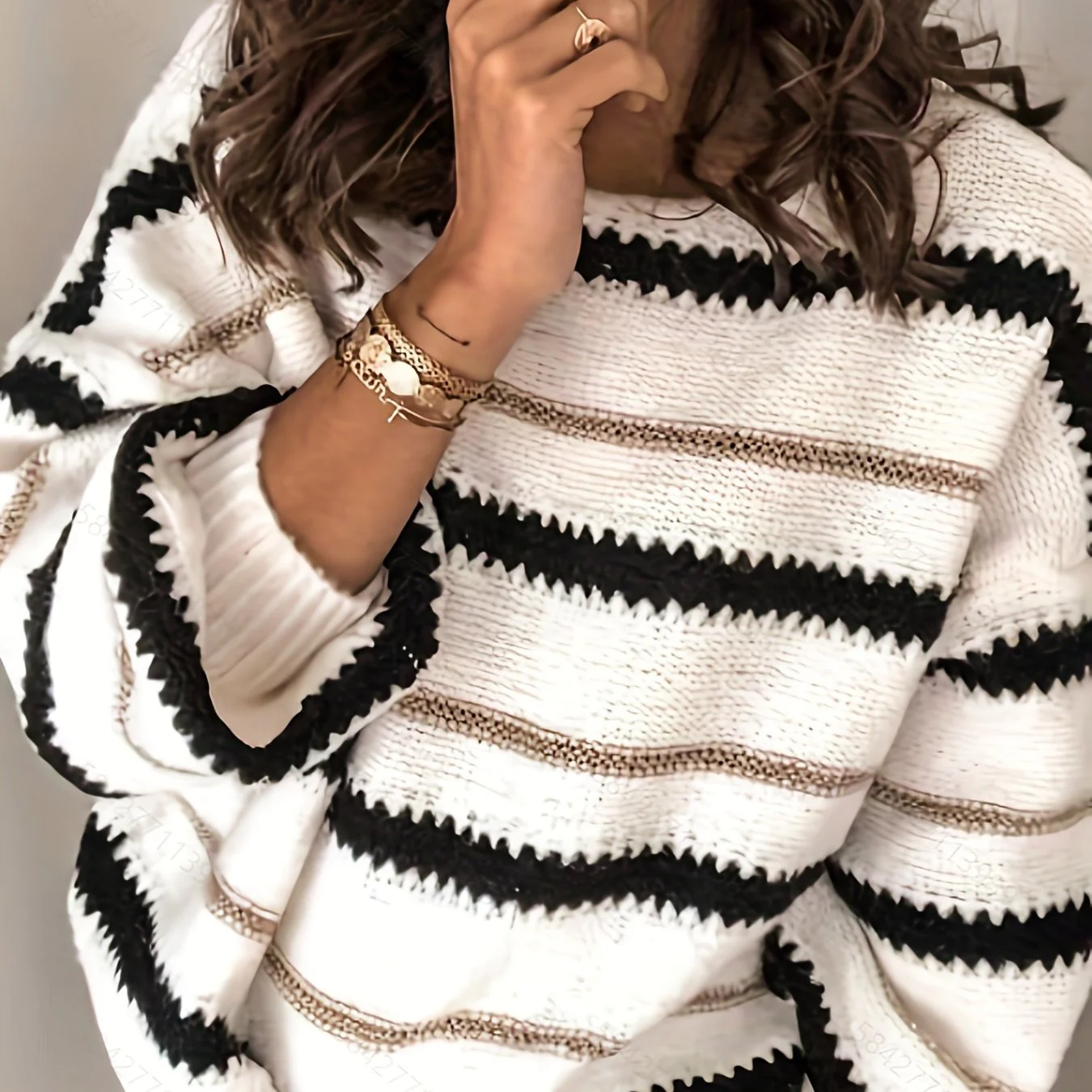 deanwangkt-1  Striped Pattern Crew Neck Knitted Top, Casual Long Sleeve Pullover Sweater For Fall & Winter, Women's Clothing - Deanwangkt