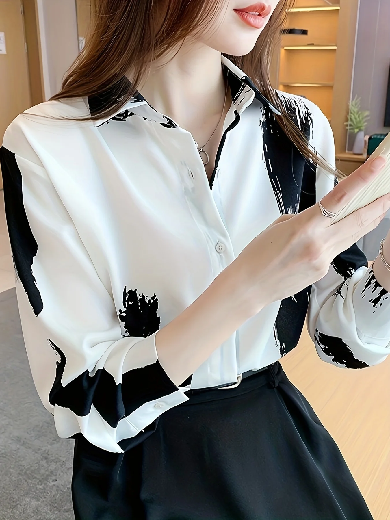 Brush Print Button Front Shirt, Casual Turn Down Collar Long Sleeve Shirt, Women's Clothing - Deanwangkt