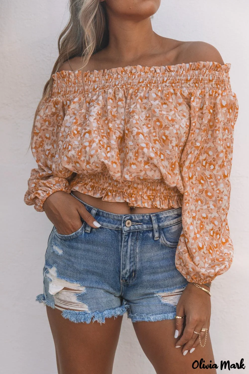 Deanwangkt - Orange Floral Ruched Ruffle Off Shoulder Top - Deanwangkt