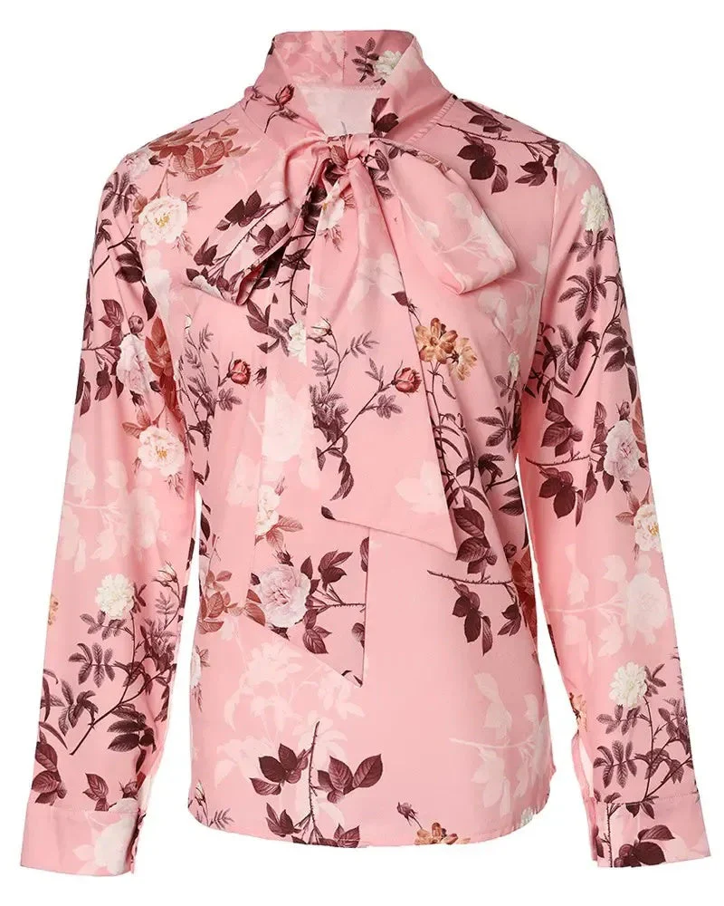 Deanwangkt - Floral Print Tie Neck Long Sleeve Top - Deanwangkt