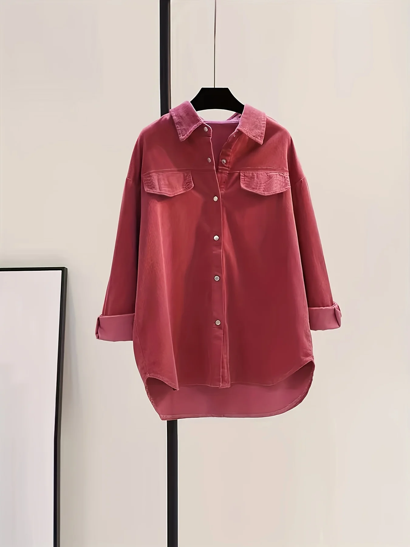 Solid Button Front Corduroy Shirt, Versatile Long Sleeve Loose Shirt For Spring & Fall, Women's Clothing - Deanwangkt