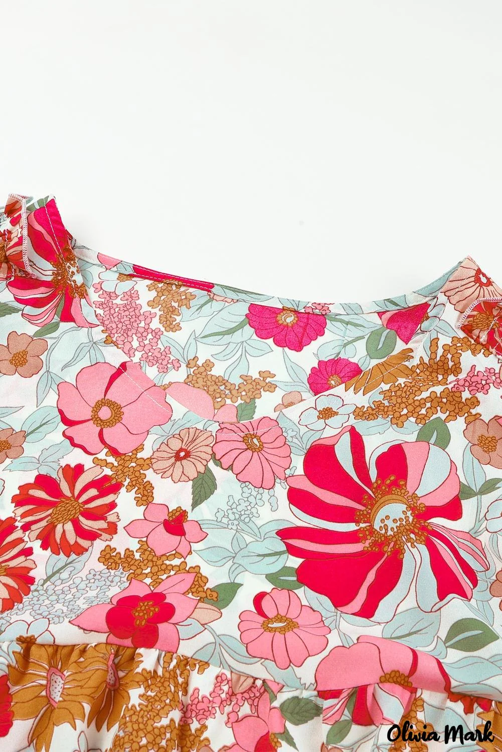 Deanwangkt - Floral Print Ruched Babydoll V-Neck Blouse - Deanwangkt