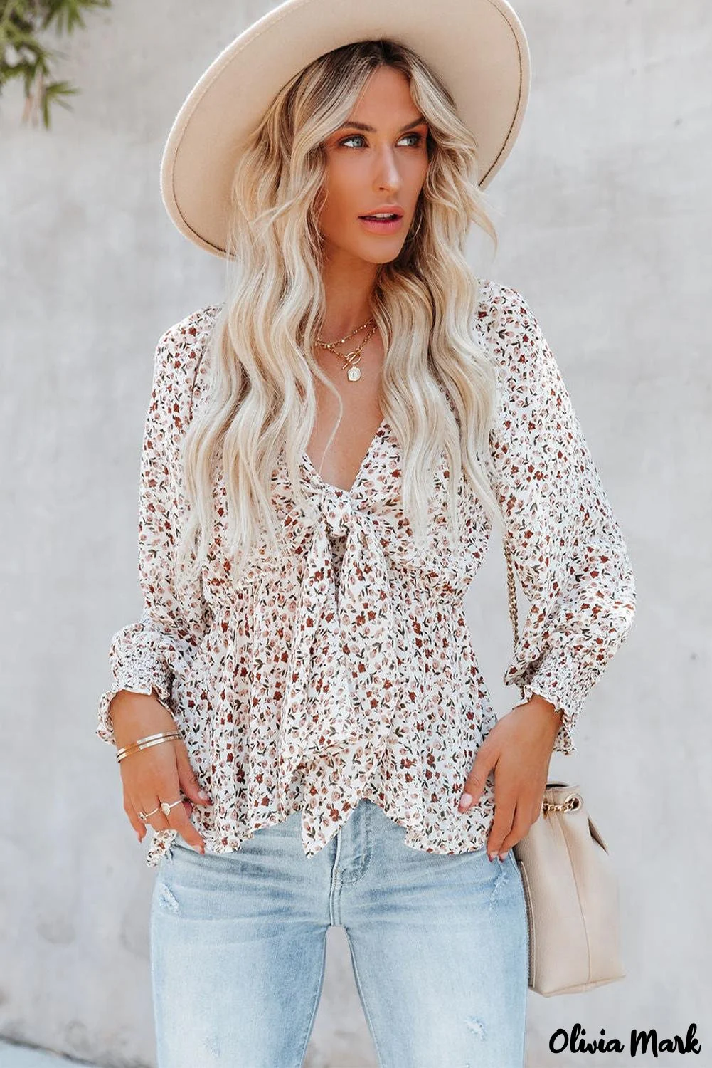 Deanwangkt - Brown Floral Ruffle Long Sleeve Blouse - Deanwangkt