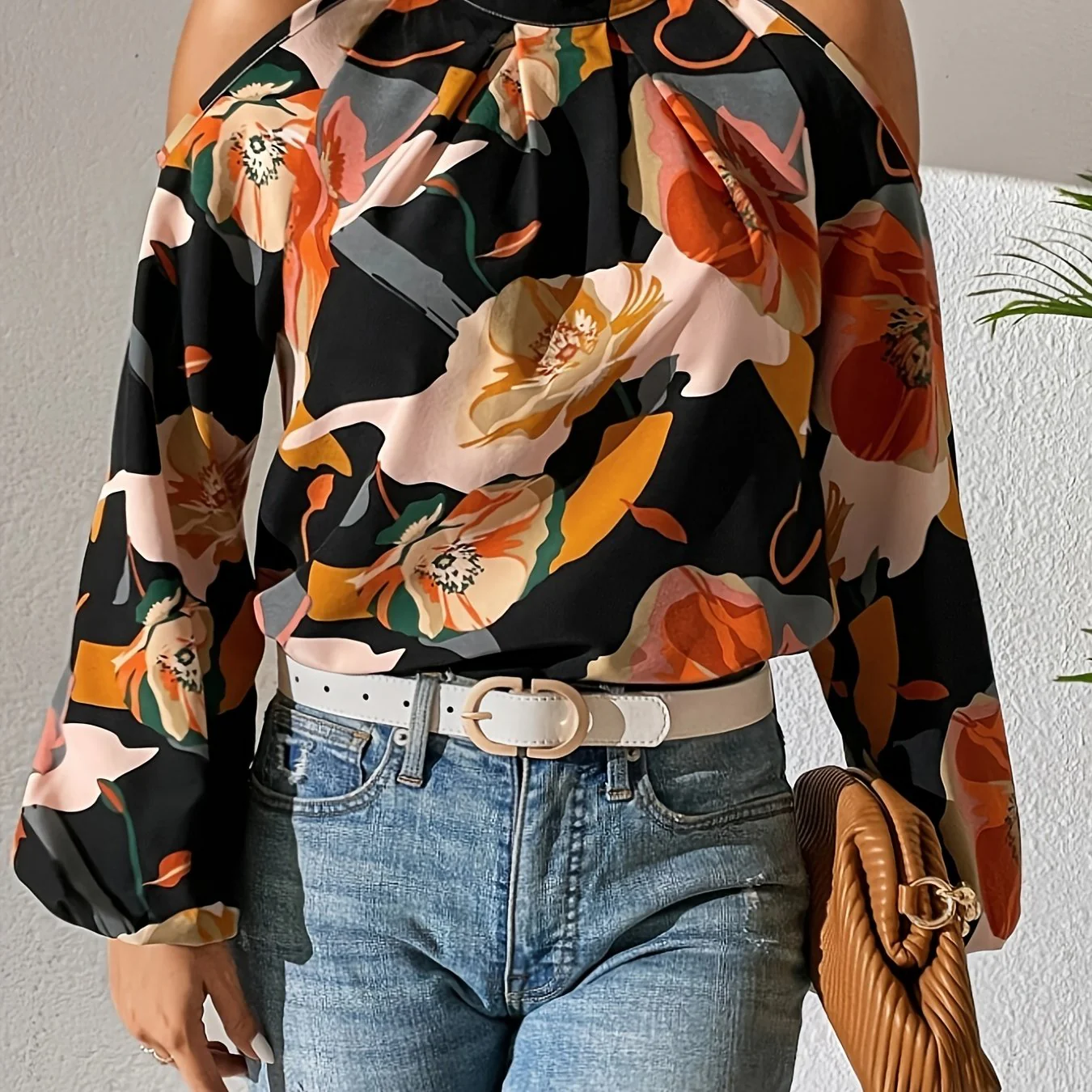 Floral Print Cold Shoulder Blouse, Elegant Lantern Sleeve Blouse For Spring & Fall, Women's Clothing - Deanwangkt
