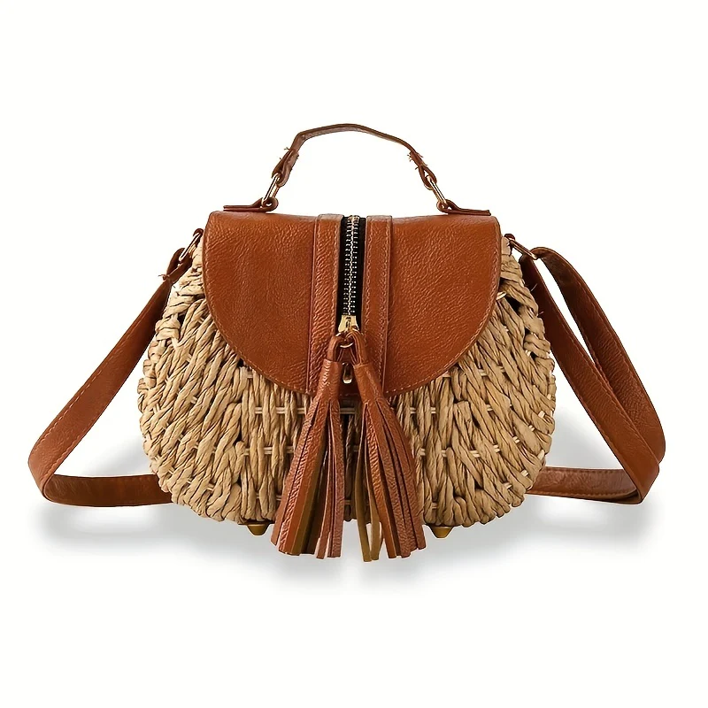 Mini Straw Woven Crossbody Bag, Vintage Summer Beach Shoulder Bag, Women's Retro Handbag & Purse For Travel Vacation - Deanwangkt