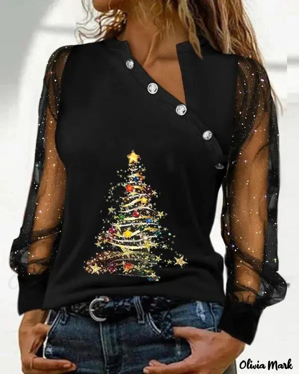 Deanwangkt - Christmas Tree Print Sheer Tulle Long Sleeve Top - Deanwangkt