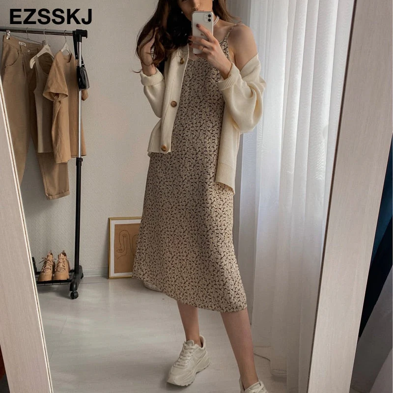 Christmas Gift A-line Spring summer  floral Deanwangkt Woman printed Stripe dress  Dress Casual Long Camisole dress Women Loose chiffon maix dress - Deanwangkt