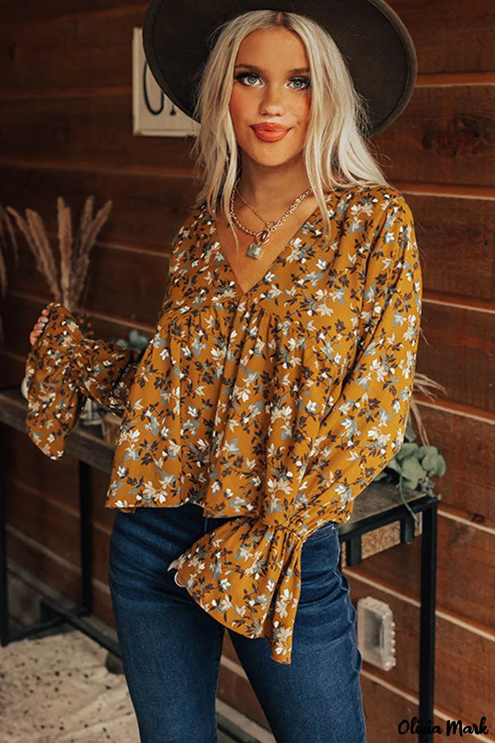 Deanwangkt - Brown Floral Print V-Neck Babydoll Blouse - Deanwangkt